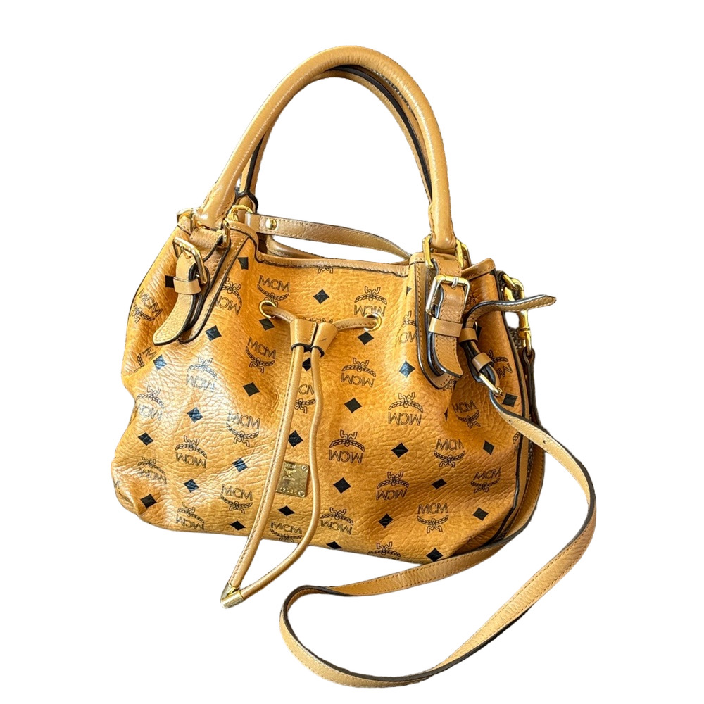 MCM Visetos Cognac Bucket Crossbody Bag-Dual Handle+Strap